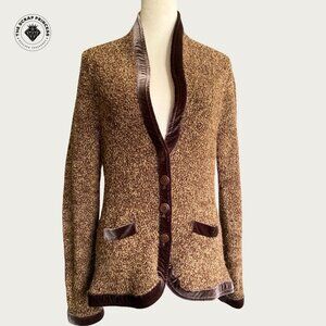 Anthropologie HWR Monogram Brown Boucle Wool Blend Velvet Button Cardigan M